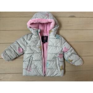 Girl Toddler 18 Month Gray Pink Hood Puffer Winter Coat Glitter Stars Zip Up